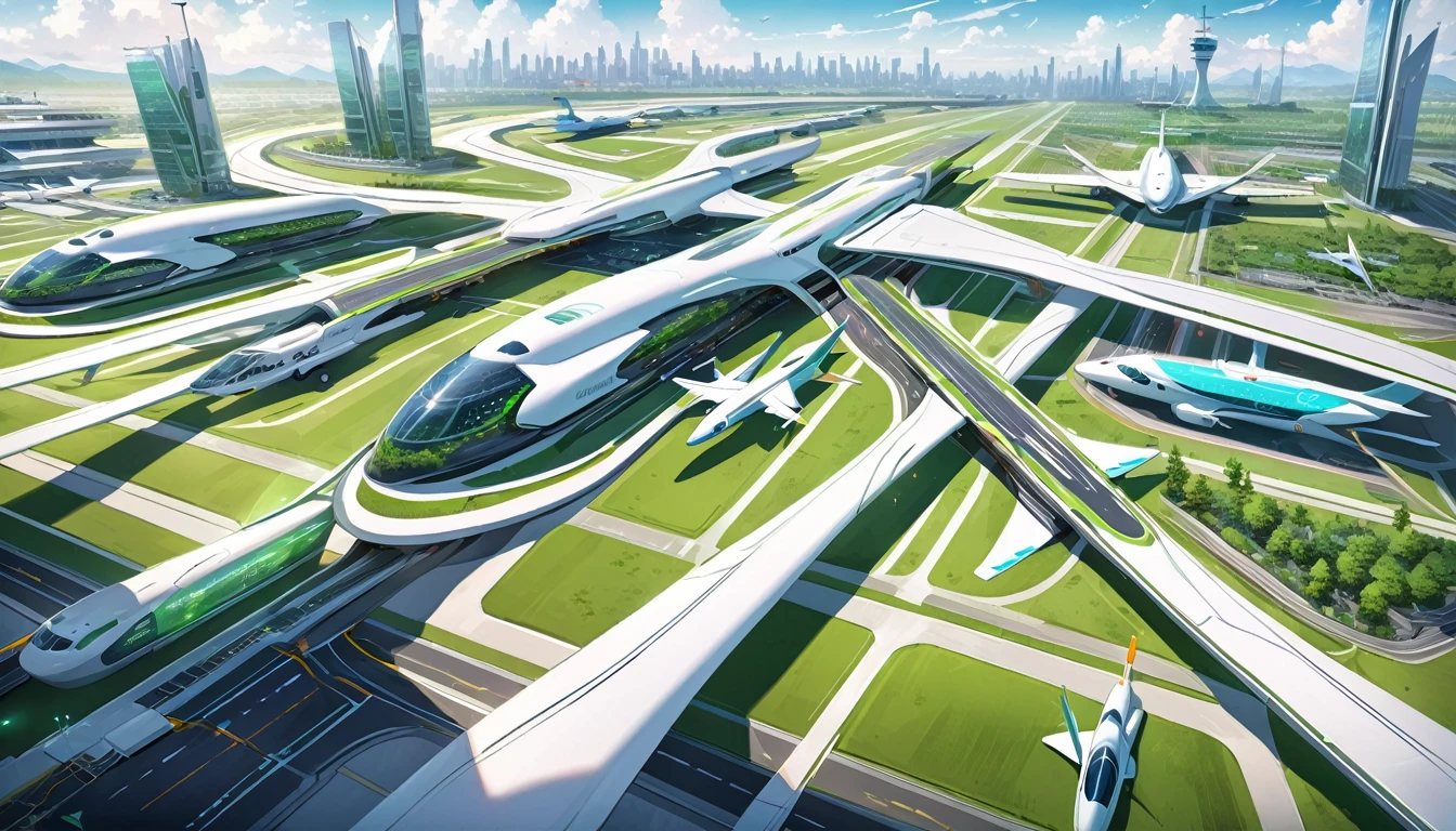 Future airport, Long runway full of future planes, in a futuristic ecological green city.