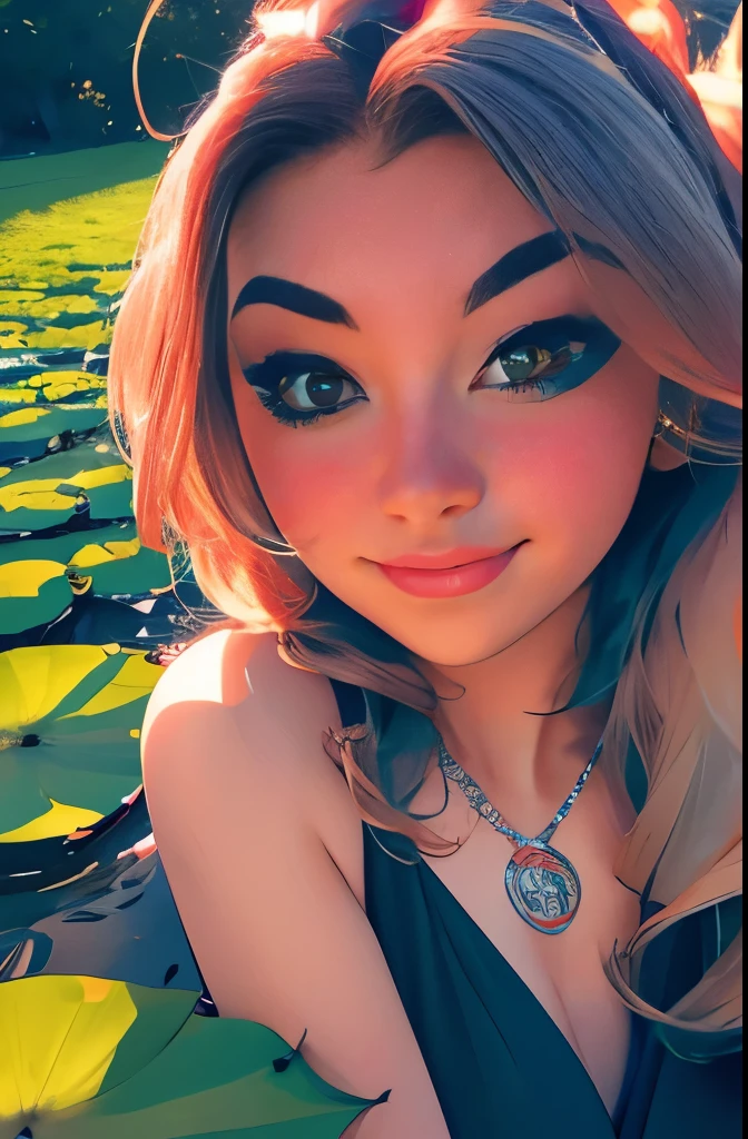 Superb Quality, Masterpiece, High Resolution, 1Girl, Blush, (Seductive Smile: 0.8), Star Pupil, Hair Accessories, Necklace, Jewelry, Beauty, on_body, Tyndall Effect, Realism, Lotus Pond, Light Edge, Two-tone Lighting, (High Detail Skin: 1.2), 8K UHD, DSLR, Soft Light, High Quality, Volume Lighting, Candid Photo, High Resolution, 4K, 8K, Background Bokeh