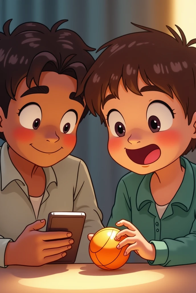 A close-up of their faces. They both keep looking at the phone, while, At the bottom, a child plays with a ball. cartoonish