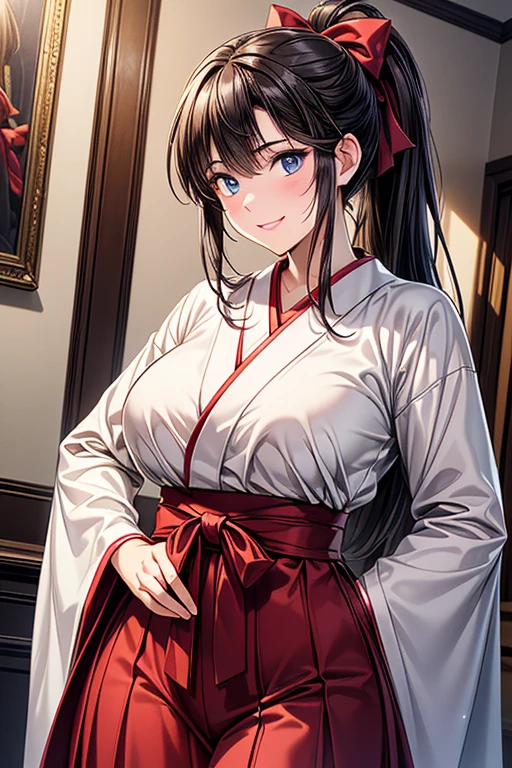 #Basics A girl is posing for a photo, (((One Girl))), (((:1.4)) + ((cute:1.4)) + ((15 years ak
#Clothing Accessories
(Shrine maiden costume) : ((A haori with a purple, large sleeve and a white Yagasuri pattern)) + ((Deep red hakama skirt)) + (traditional shrine maiden costume),
break
#Features
((Brown Hair:1.2)) + ((slicked back hair:1.5)) + ((ponytail : Long Hair + Voluminous Hair + Big red ribbon)),
((Droopy eyes:1.4, Big eyes:1.2), blue eyes), (Neutral facial features),
break
#background environment
((noon, A reception room in a large Western-style building)),
#Facial Expression Pose
(smile, blush), (Standing with one hand on one hip),
#composition
(Look into the camera), ((Character Focus), (Angle from the front), (Cowboy Shot)),
break
#Body parts elements
(Slim figure),
(Symmetrical facial features),
(Detailed Hair, Beautiful Hair, Shiny Hair),
(double eyelid, Long eyelashes, Thin eyebrows:0.5, Thin eyebrows:0.5),
(Expression of fine eyes, Beautiful and delicate eyes, Sparkling eyes, Eye Reflexes, Glitter Eyeliner),
(Human Ear),
(Beautiful Nose, Thin Nose),
(Glossy Lips, Beautiful Lips, Thick lips),
(Detailed skin, Textured skin, Beautiful Skin, Oily skin),
break
#Quality Image Quality Common
(((Highest quality)), ((masterpiece:1.3)), ((Very detailed))), ((Ultra-high resolution)), ((16K, 1080P)), ((Full HD)),
(Anatomically correct), (Realistic), (3DCG), (Oil painting),
((comics, anime)), (CG illustration), (RAW Photos),