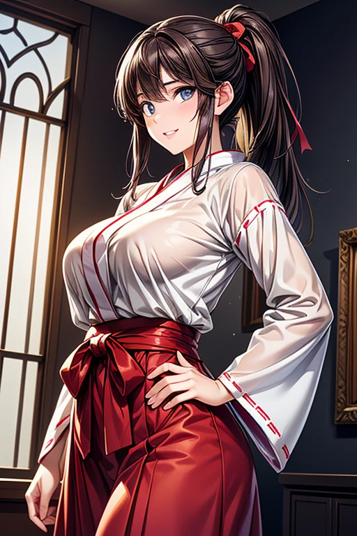 #Basics A girl is posing for a photo, (((One Girl))), (((Baby Face:1.4)) + ((cute:1.4)) + ((15 years old))), 
break 

#Clothing Accessories 
(Shrine maiden costume) : ((A haori with a purple, large sleeve and a white Yagasuri pattern)) + ((Deep red hakama skirt)) + (traditional shrine maiden costume), 
break 

#Features 
((Brown Hair:1.2)) + ((slicked back hair:1.5)) + ((ponytail : Long Hair + Voluminous Hair + Big red ribbon)), 
((Droopy eyes:1.4, Big eyes:1.2), blue eyes), (Neutral facial features), 
break 

#background environment 
((noon, A reception room in a large Western-style building)), 
#Facial Expression Pose  
(smile, blush), (Standing with one hand on one hip), 
#composition 
(Look into the camera), ((Character Focus), (Angle from the front), (Cowboy Shot)), 
break 

#Body parts elements 
(Slim figure), 
(Symmetrical facial features), 
(Detailed Hair, Beautiful Hair, Shiny Hair), 
(double eyelid, Long eyelashes, Thin eyebrows:0.5, Thin eyebrows:0.5), 
(Expression of fine eyes, Beautiful and delicate eyes, Sparkling eyes, Eye Reflexes, Glitter Eyeliner), 
(Human Ear), 
(Beautiful Nose, Thin Nose), 
(Glossy Lips, Beautiful Lips, Thick lips), 
(Detailed skin, Textured skin, Beautiful Skin, Oily skin), 
break 

#Quality Image Quality Common 
(((Highest quality)), ((masterpiece:1.3)), ((Very detailed))), ((Ultra-high resolution)), ((16K, 1080P)), ((Full HD)), 
(Anatomically correct), (Realistic), (3DCG), (Oil painting), 
((comics, anime)), (CG illustration), (RAW Photos), 

