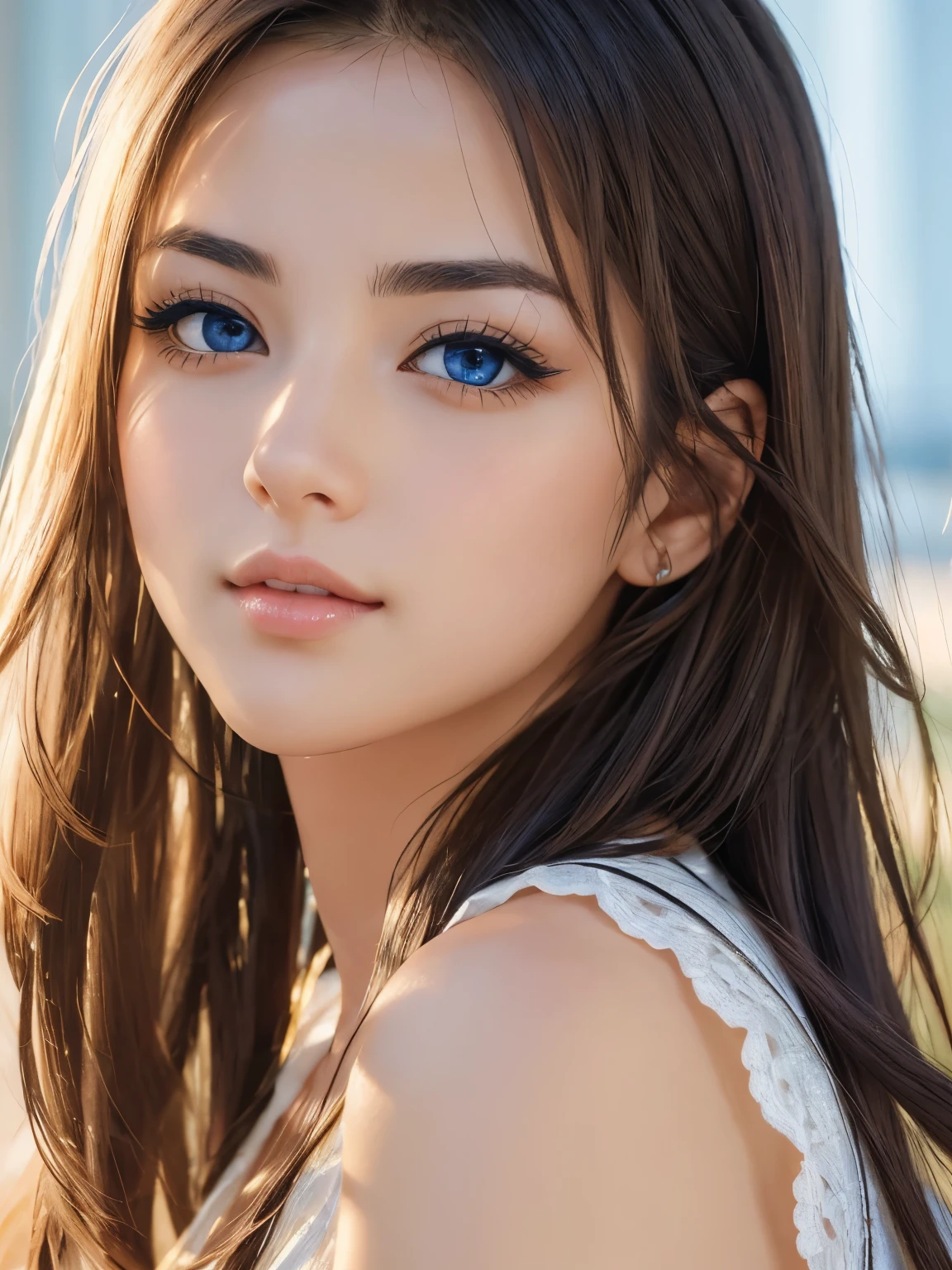 (((32k,high details,high detail、masterpiece,attention to detail,alone))),RAW photos & realistic atmosphere,beautiful dark blue eyes,detailed mouth,shiny lips,thin eyebrows,good eyes、Soft, white skin that shines in every detail、sheの深い黒色の目はとても美しいです,lip detail、very beautiful face,very handsome face、lifelike face,shiny beautiful lips,beautiful eyebrows,infinite reality, Realistic young gravure idol,she'she'she'she'she'she'she'To a really cute girl , young gravure idol, young gravure idol, とても美しくてかわいい20 year old beauty,It's so beautiful and luxurious.,20 year old beauty,natural and soft light,(shiny hair,,Beautiful and kind eyes:1.5),soft smile,well-shaped breasts,medium long hair,tie one's hair up,Beautiful posture,what makeup,Think ahead,whole body,ocean,oceanのそば,