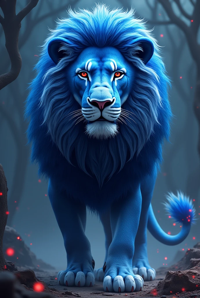 A blue lion with white and red contrast 