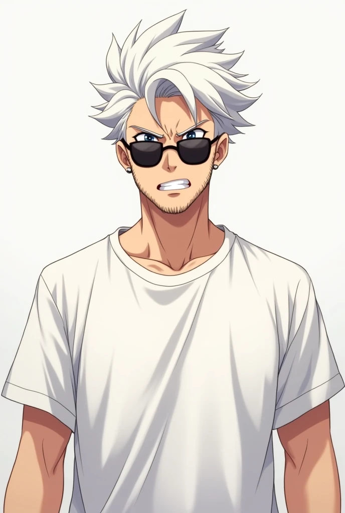 Create a young man anime image, lightcolor, white oversize t-shirt , White hair, full of anger , and sunglasses , with beard , and a little physically strong 