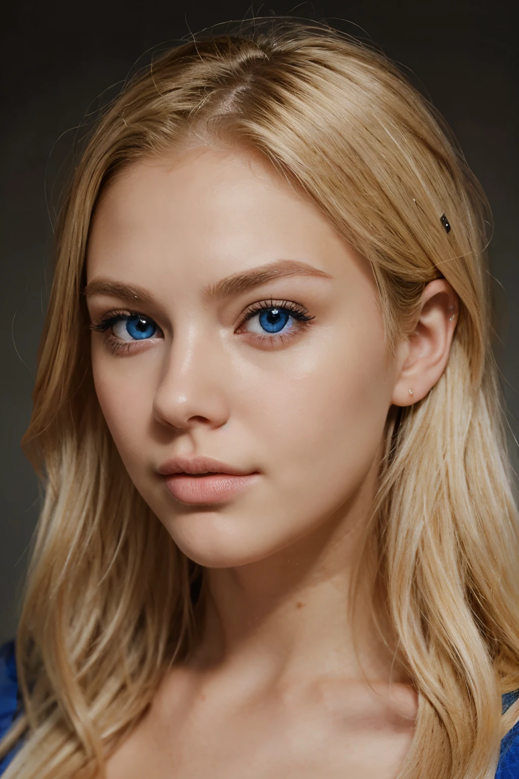 Create me a portrait of a blonde woman with azure eyes a mouth and hemmed and foamy pout of a twenty-year-old And very realistic