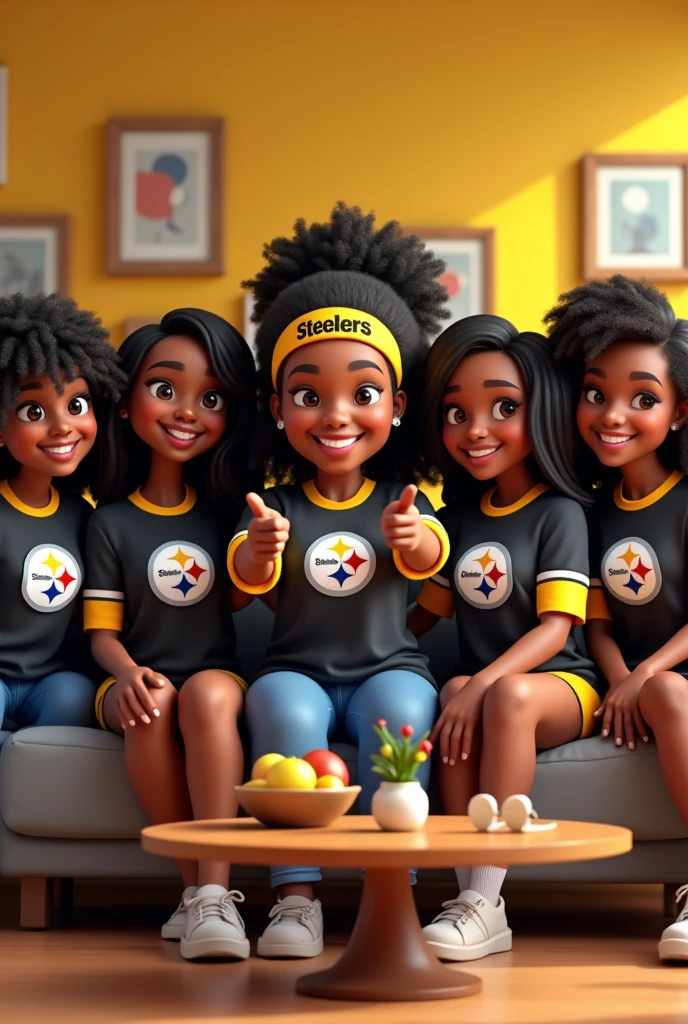 The image is an 3d rendering of a group of six young black women sitting on a couch in a living room. They are all wearing Pittsburgh Steelers football jerseys and are smiling and posing for the camera but they can't wearing pant . The woman in the center of the image is wearing a black Pittsburgh Steelers jersey with the team's logo on it and a yellow headband with the word "Steelers" written on it. She has curly hair and is pointing at the camera with her finger. Behind her, there is a coffee table with a bowl of fruit and a vase of flowers. The walls are decorated with framed pictures and the floor is made of wood. The overall style of the illustration is cartoon-like and playful..