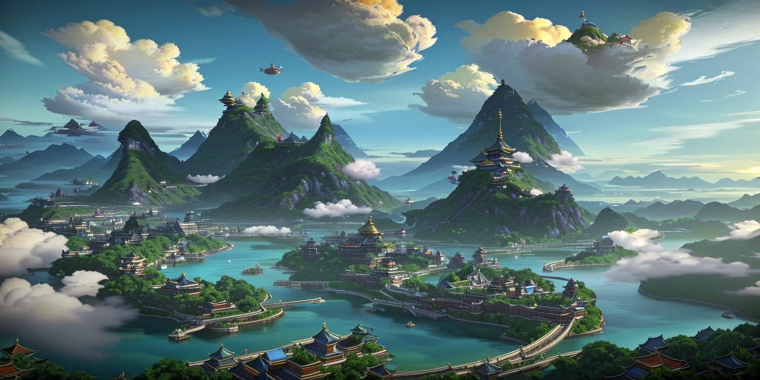 There is a Chinese-style building in the middle of a small island, Game concept art, Final Fantasy Vll World Concept, 2. 5D CGI anime fantasy artwork, Concept World Art, Beautiful concept art, dota matte concept art, Concept Art Wallpaper 4K, conceptartworld, Matte Mystery Dota Pixar, Fantasy concept art, League of Legends concept art ,Ultra-high resolution (Fidelity: 1.4), Ultra-high quality, Extremely detailed CG unity 8k wallpaper, aesthetics, Award-winning photography, True high detail, Detail improvements, Remove blur, complex, The art of travel. Visually stunning. Beautiful city pixels, Blue Hour Photography, Spectacular clouds, Fantasy Clouds.