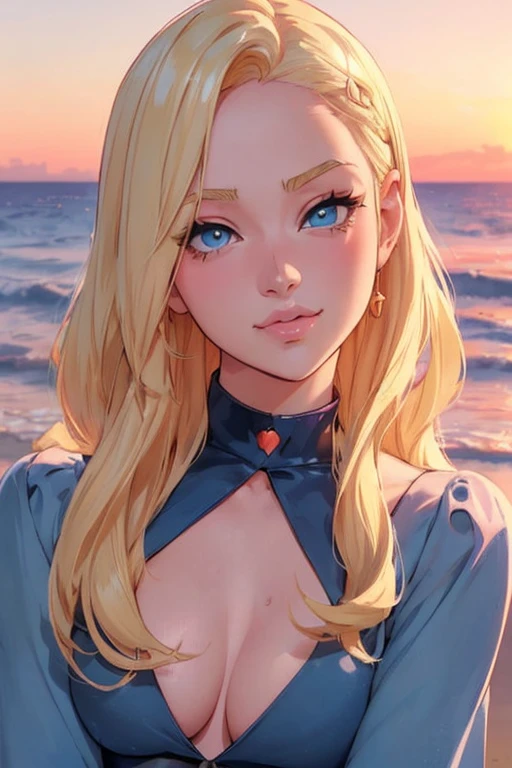 a woman with blonde hair and blue eyes sitting on a beach, an anime drawing inspired, tumblr, digital art, beautiful anime portrait, ilya kuvshinov with long hair, beautiful anime girl, blonde anime girl with long hair, beautiful anime woman, ross tran. scenic background, stunning anime face portrait, cute anime girl portraits