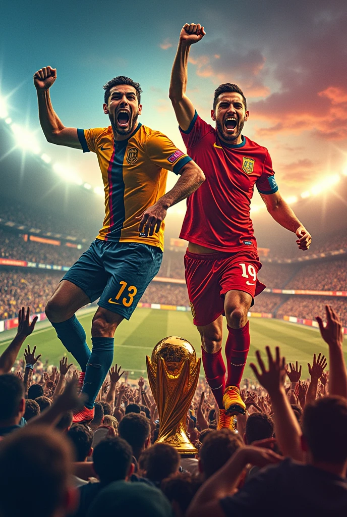 A fusion or collage of a photo of the 2024 Copa América champions with another of the 2024 Euro Cup champions