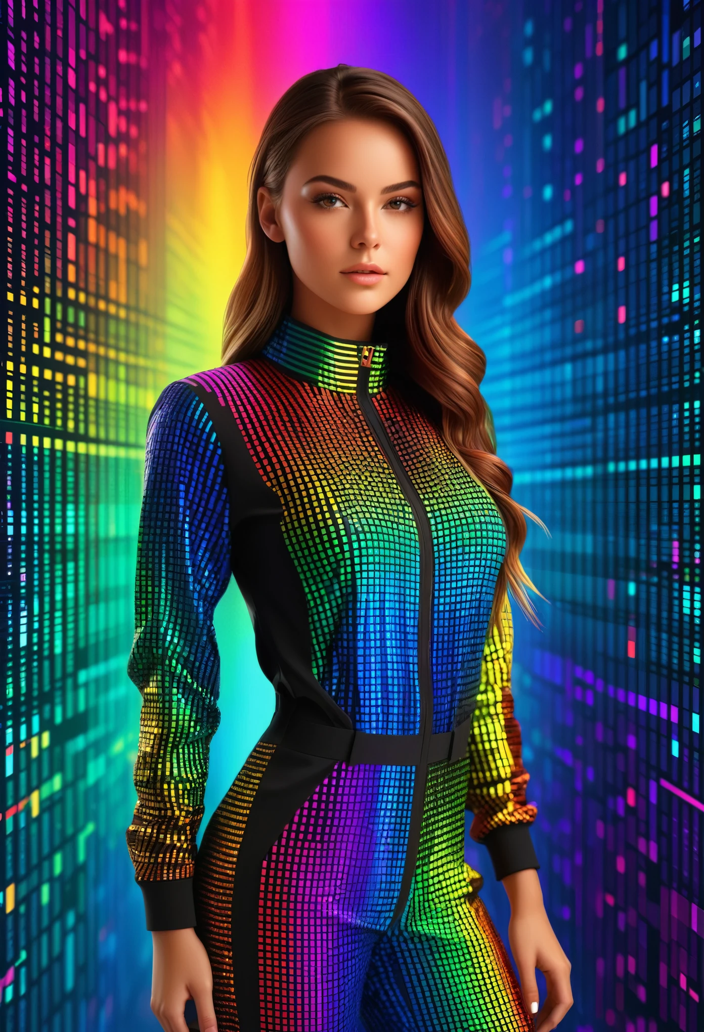 3D render a girl wearing a jumpsuit, the background is a wall of rainbowish binary code, vibrant colors, beautiful 3D illustration by MSchiffer, intricately detailed, focus on face, detailed face, sharp image