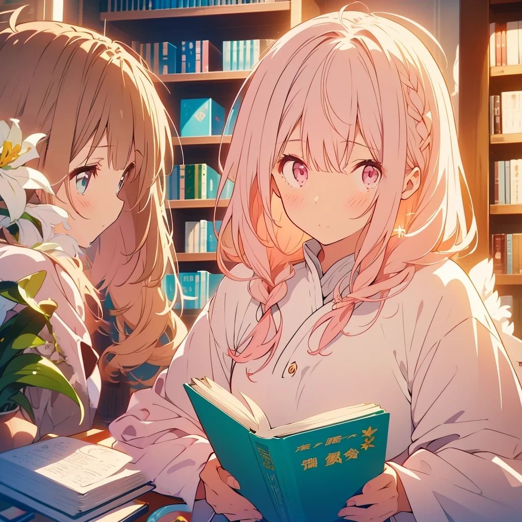 hair、White lily flower、Book