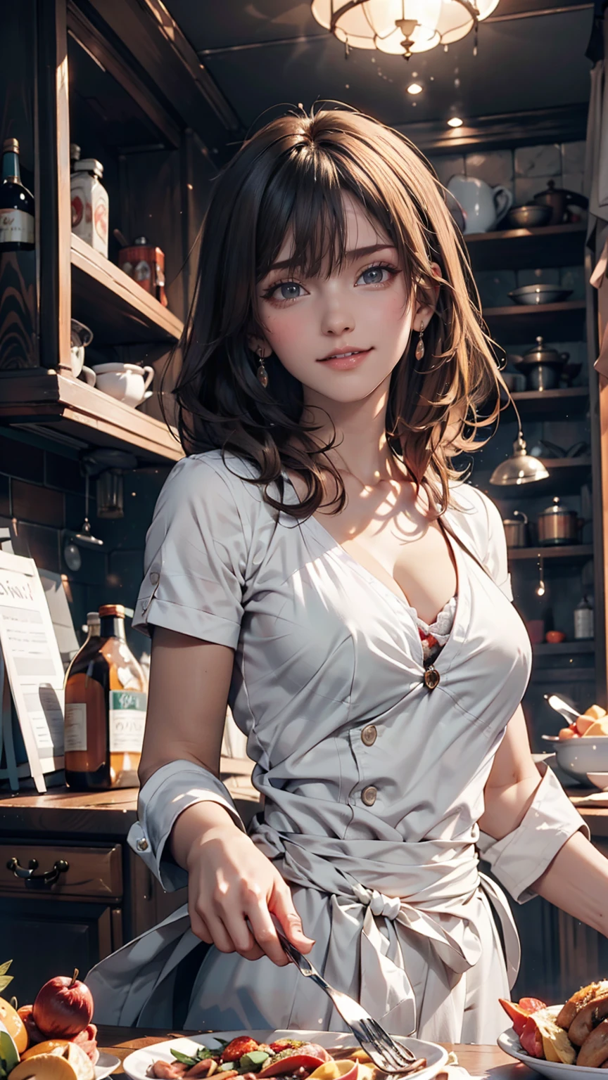 (8k, Highest quality, masterpiece:1.2), (Realistic, photo-Realistic:1.37), Very detailed,((( 1 girl))),alone,Beautifully detailed skies,Detailed Cafe,night,Sitting,Date,(Red nose),(smile:1.15),(Mouth closed) Small breasts,Beautiful attention to detail,(shirt:1.1), night, Wet, rain,White lace, (short hair:1.2),Floating Hair NovaFrogStyle, ((whole body)),stand, sexy, cute
