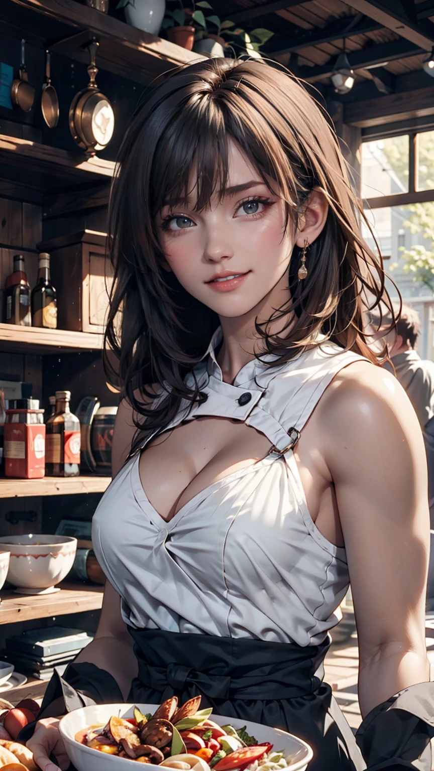 Alice, Anime art style, One girl, 一人in, chest, Looking_in_Audience, smile, short_hair, Open_mouth, big_chest, reis_eye, hair_between_eye, upper_boisy, white_hair, :is, Blurred, chef