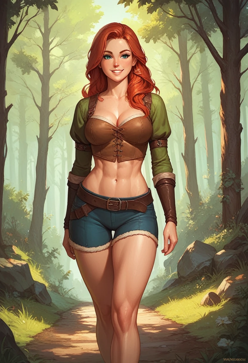 1woman, adventurer, medieval, walking through the forest , smiling, curvy, soft midriff.