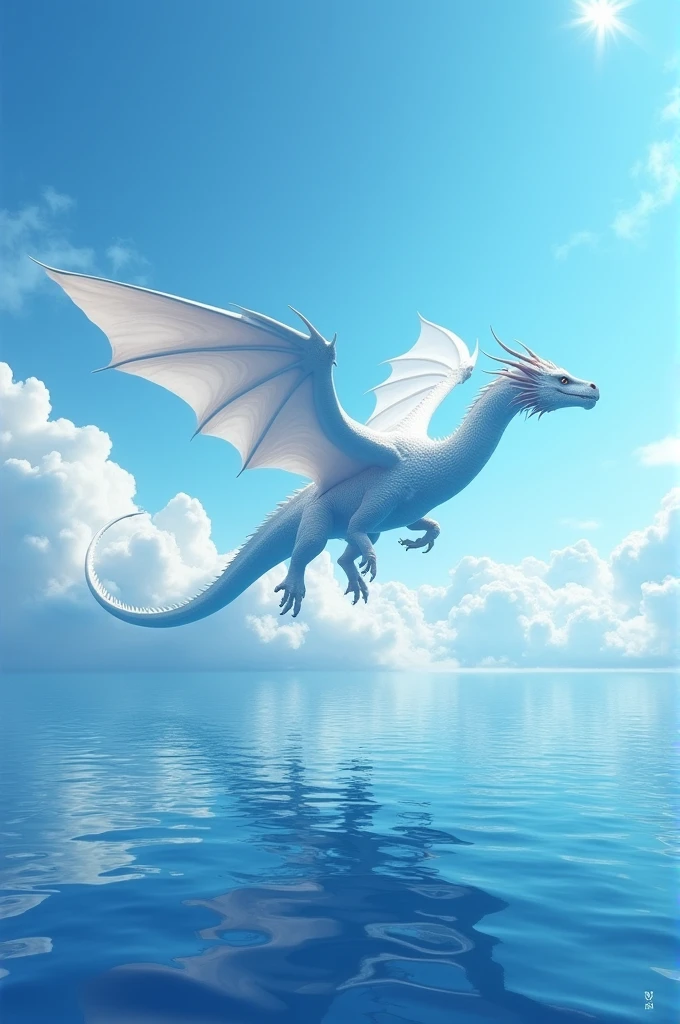 blue sea、Beautiful sea、Big Ocean、Cobalt Blue Sea、Clean water、White cloud、A white dragon emerging from between the clouds、Beautiful Dragon、mysterious、4K、8k、Real、CG、