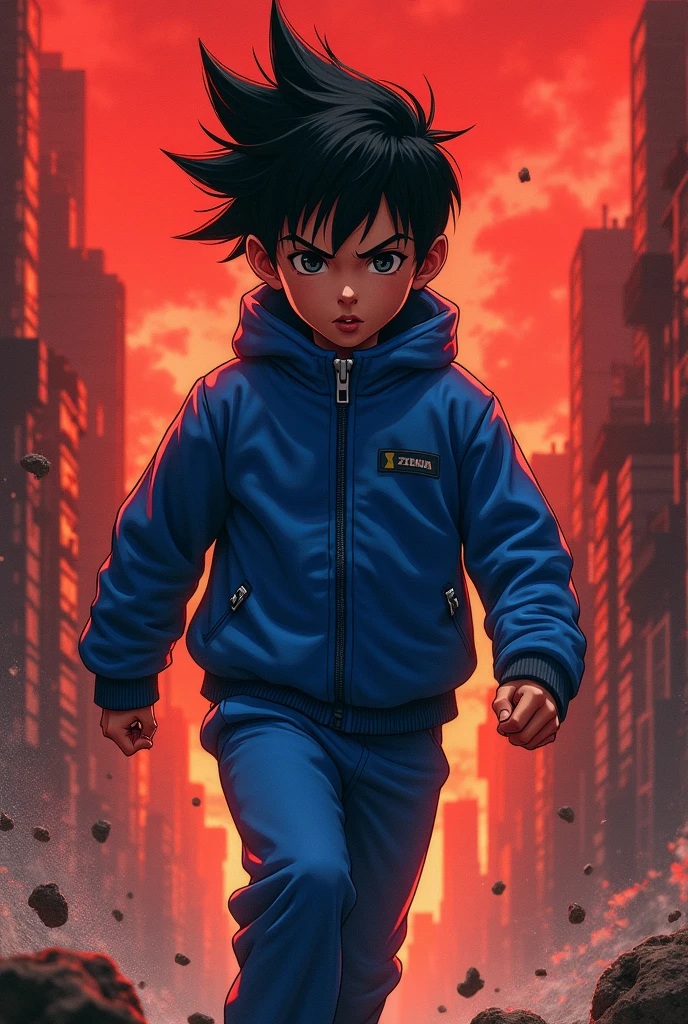 A boy with black hair in a blue outfit with the city in a red and angry color