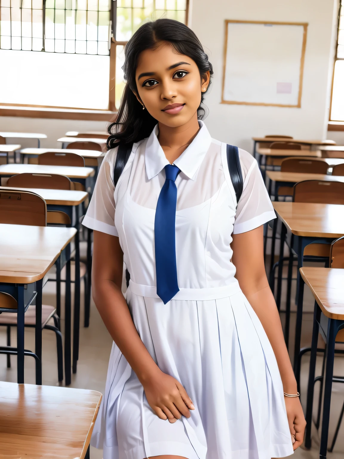 Srilankan school girl , school white frock,in the classroom, frock with pockets , wearing white vest camisole as a undergarment , see through 