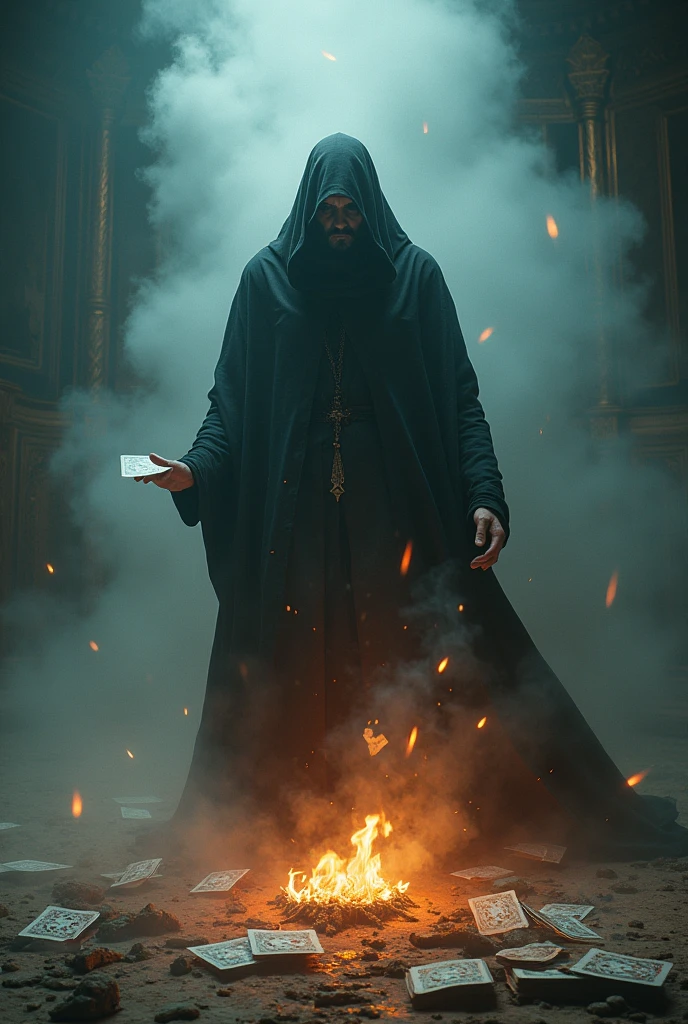 (Card Game design:1.2), Scattered cards, A summoner uses cards to summon mysterious creatures during a ceremony. Using smoke and light effects to create a mysterious and supernatural atmosphere, RAW photo, color graded, surreal, (captivating chiaroscuro:0.1), dynamic movement, full body, award-winning, cinematic still, emotional, dynamic, vivid, (masterpiece, best quality, photorealistic, Professional, perfect composition, very aesthetic, absurdres, ultra-detailed, intricate details:1.3)