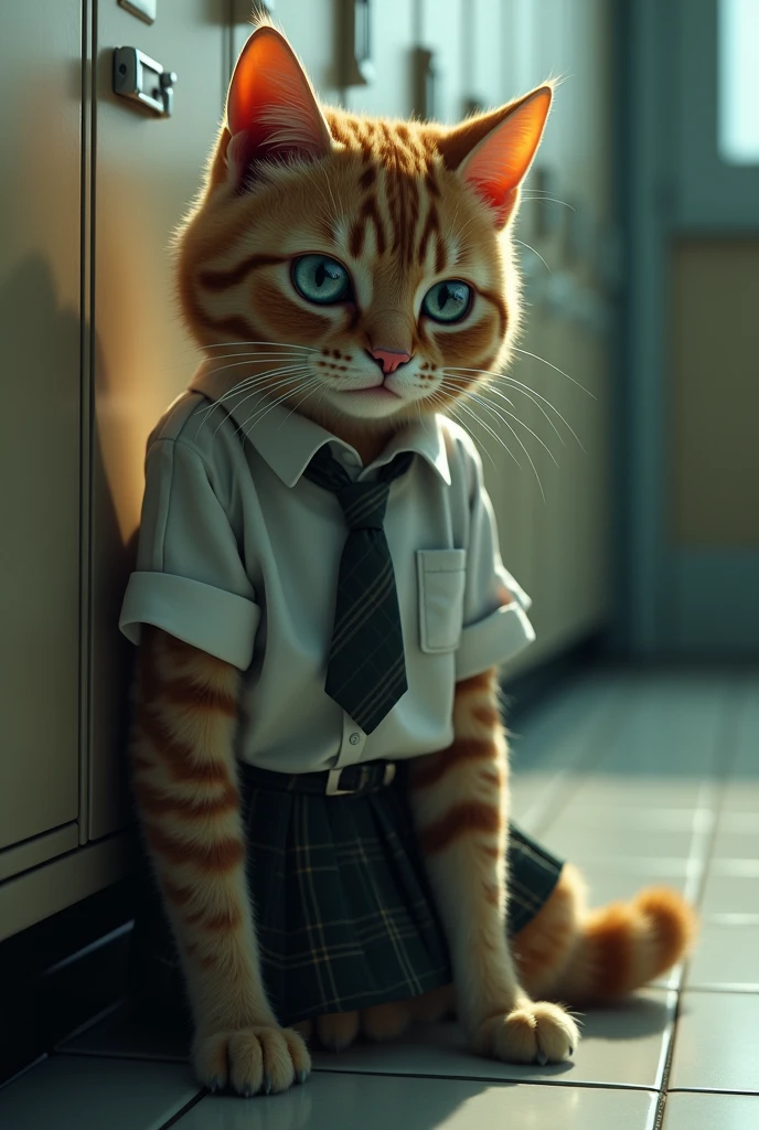 cat sad crying in the highschool dress like a human
