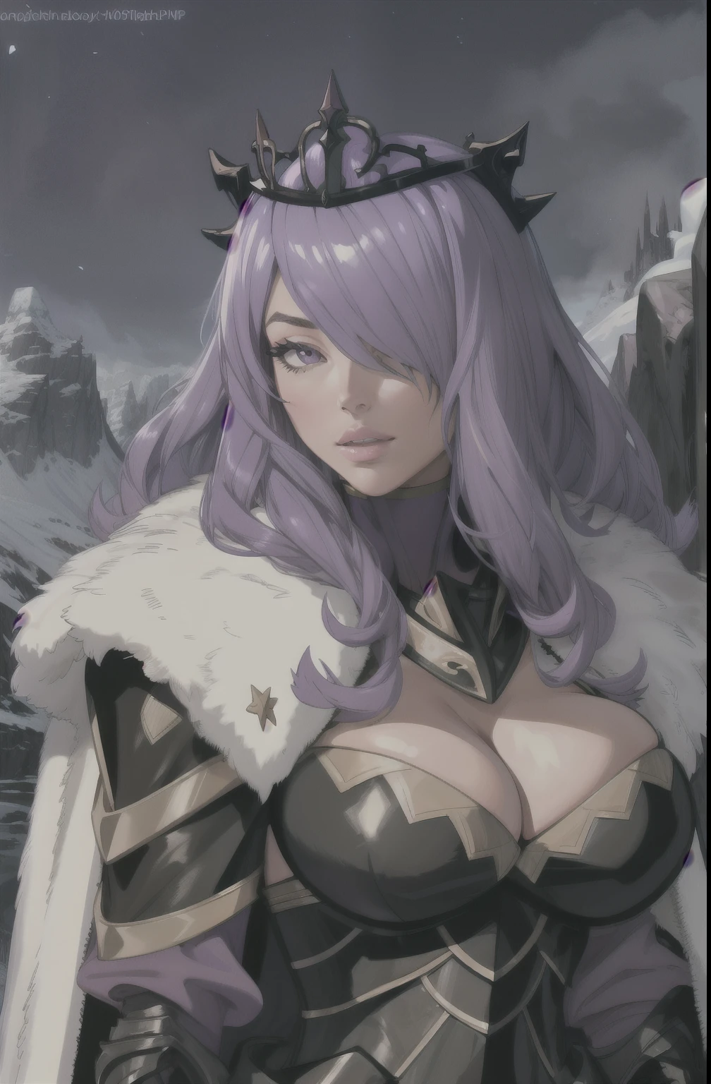 masterpiece, best quality, brvCamilla, crown, cape, armor, gloves, fur trim, upper body, huge breasts, flufdy voluptuous hair,looking at viewer, mountain, rock formations, night, serious expression, from side