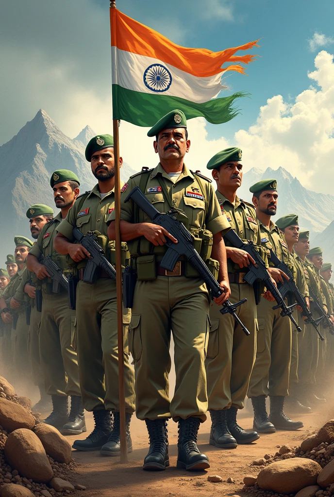 (photorealism:1.2),
"Create a powerful and respectful illustration of the Indian Army in action. The scene should feature Indian soldiers in their distinct uniforms, displaying their bravery and discipline. Include elements like military vehicles, the Indian Army flag, and a backdrop of rugged terrain or a national landmark. The image should convey strength, dedication, and the commitment of the Indian Army to protecting the nation. Use realistic colors and details to emphasize the professionalism and valor of the troops."