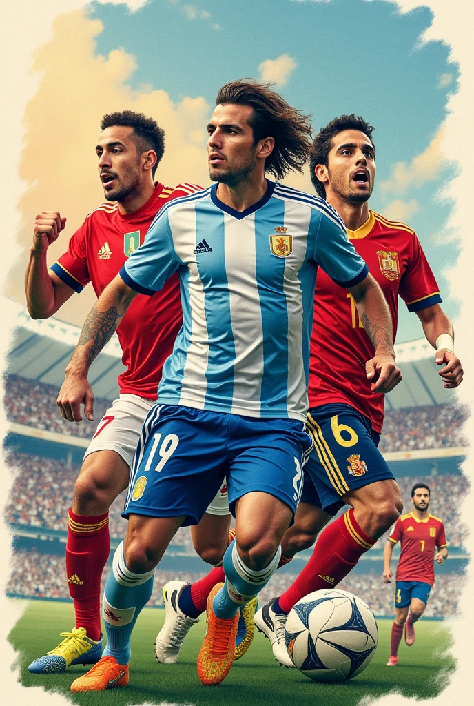 A fusion or collage of a photo of the 2024 Copa América champions, the Argentina national soccer team, with another of the 2024 Euro Cup champions, the Spain national team. 