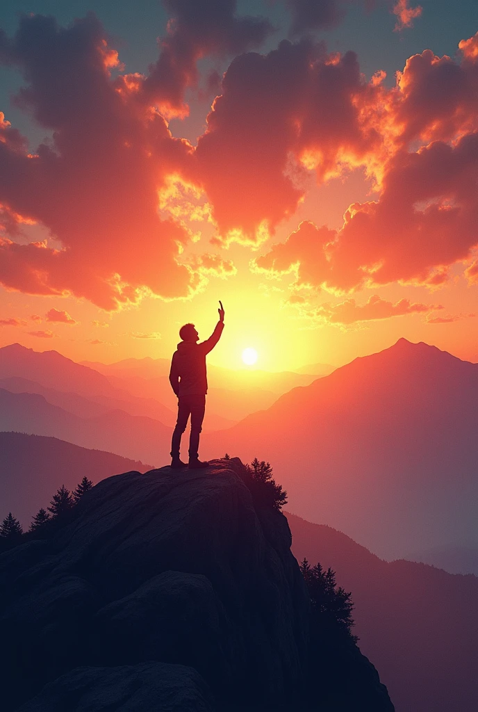 (best quality, masterpiece, ultra detailed), A powerful image of a lone figure standing on a mountaintop, shouting into the vast sky. The figure's voice is depicted as sound waves radiating outward, blending with the colors of the sunset. This image represents the individual's resolve and the impact of their voice on the world.
