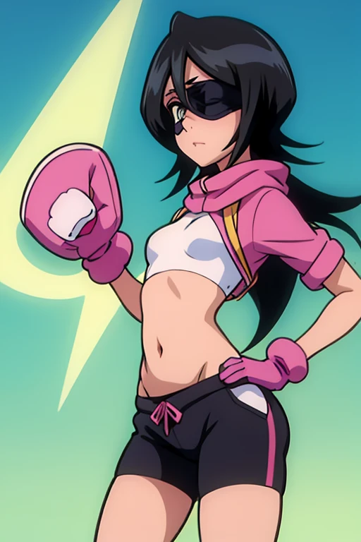 girl in spandex booty shorts, wearing oven mittens tucked in pockets, blindfold