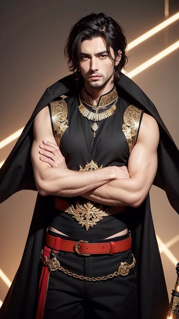 Diseño de personajes de Whole body, Principle, handsome , triangular face, clear skin, Middle Eastern factions ,He is wearing a black Sinole colored Middle Eastern vest, light abs, red baggy pants,big golden belt, black sword in its sheath, red phoenix eyes ,sharp look, Short eyelashes, short hair combed back copper red color, SERIOUS LOOK, Crossed arms, Whole body