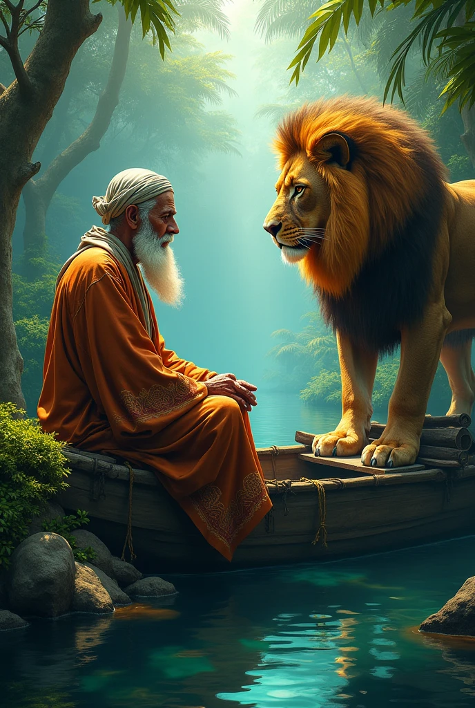 Arab old Muslim floating on piece of broken boat in front of lion In jungle art