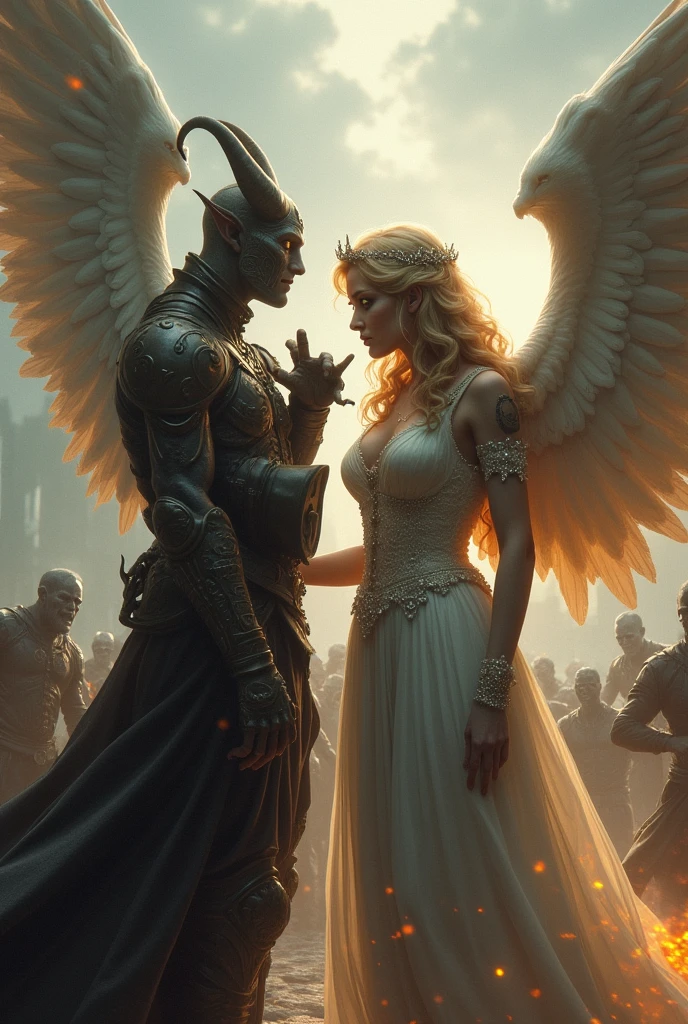 In this epic scene a Small cute small flying Demon sways behind an angel and whispers into the ear of this majestic and confise looking beauty. In the backgeound there are clerics fighting against zombies.