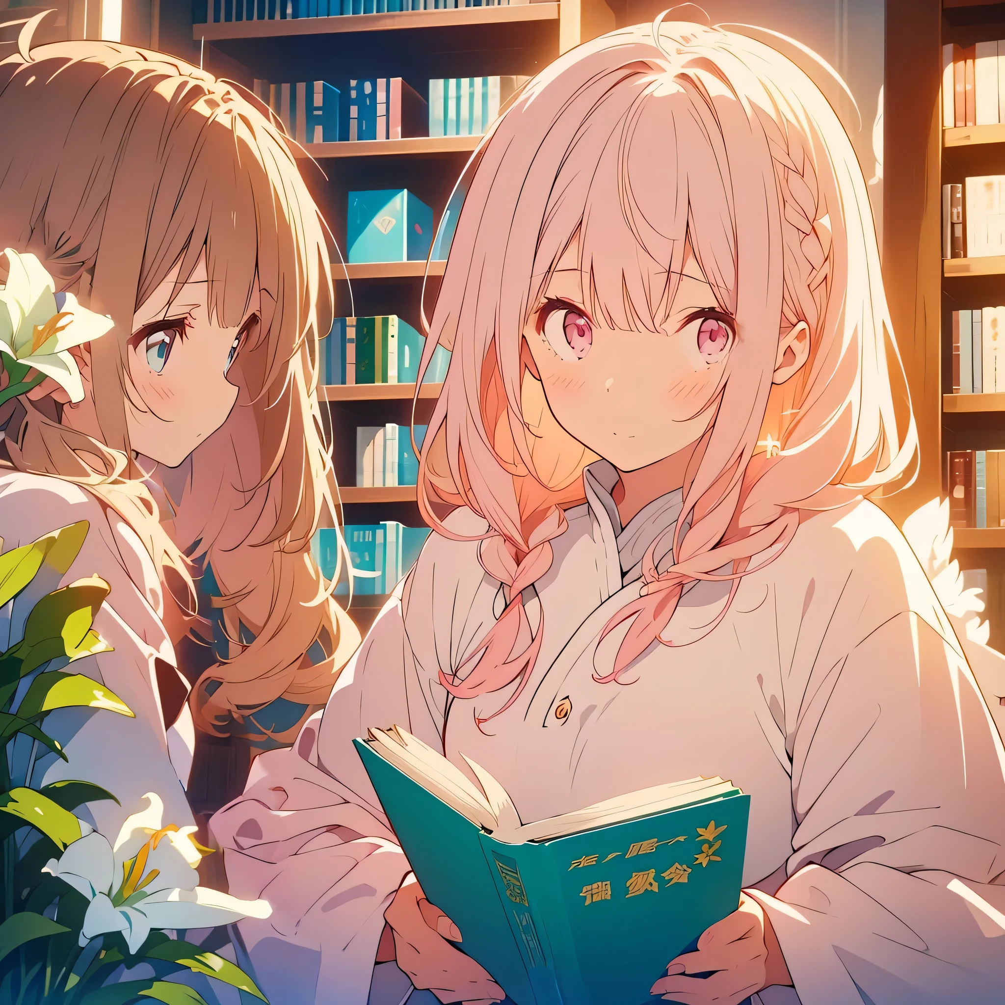 hair、White lily flower、Book