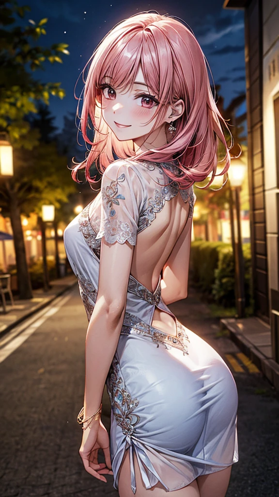 ((Highest quality, High resolution, masterpiece, detailed)),
Cowboy Shot, Written boundary depth, View your audience, Anatomically correct, woman, Shiny skin,
(Medium Hair, Pink Hair),
Beautiful details, Beautiful Hair, Beautiful Face, Beautiful back, Beautiful body, Beautiful waistline, Beautiful legs,
(See-through mini dress, Delicate embroidery, bracelet),
(Beautiful views), night, Tree-lined street, (smile),
