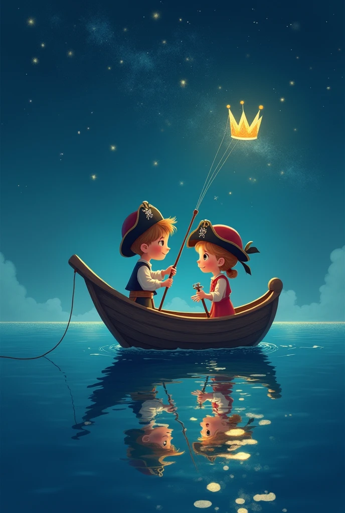 Drawing the water surface from above。
A pirate brother and sister, age 4 and 1, on a boat reflected on the water。
Using a fishing rod、Trying to fish out the constellation crown reflected on the night sea surface、Gazing into the sea。