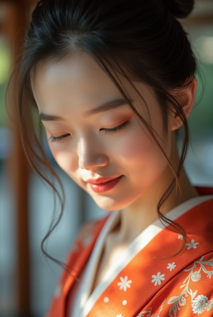 An elegantly dressed Japanese woman in natural light、A close-up of her chest and calm expression.、It shows her inner peace and outer charm.。