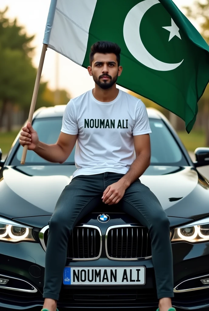 Create an image of an adult. A name NOUMAN ALI written on his white t shirt, sitting on bmw, the car with a 6692 number plate, with Pakistani flag in hand, wearing green shoes. 