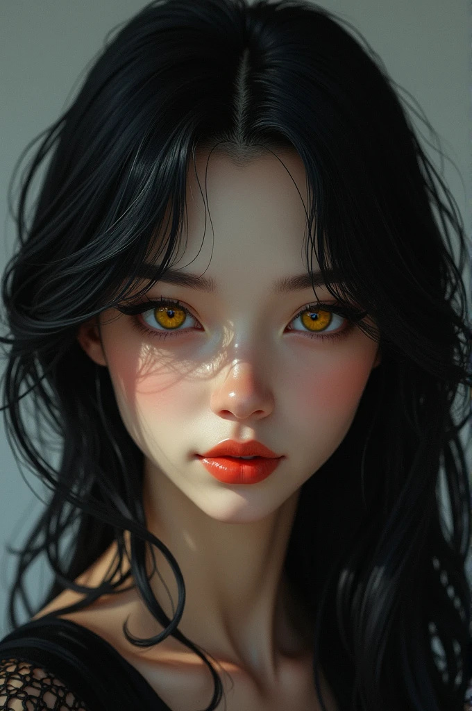 Pretty 22 year old girl with black hair and yellow eyes cold look, Realistic digital art