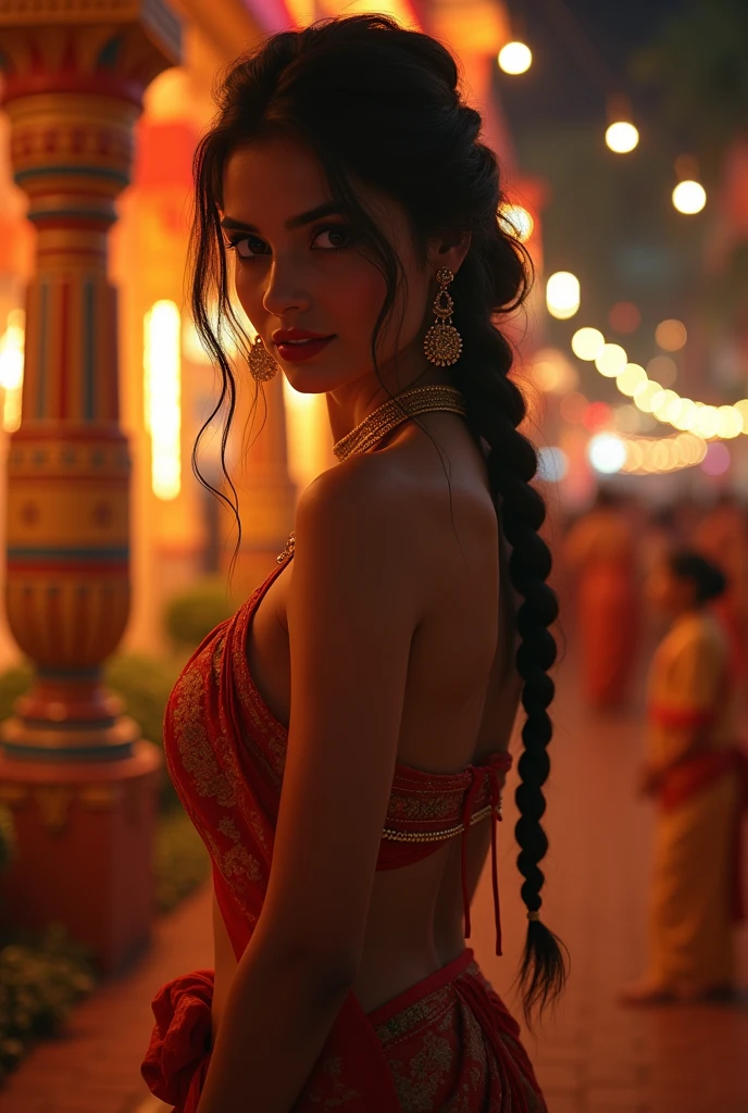 night scene, extreme close up photo of naked albh, hourglass figure, standing in temple in ugadi celebrations, French braid hair, necklace, sultry, seductive eyes, red lips, look at viewer and smile, (cinematic:1.3), intricate details, (ArtStation:1.2), no clothes