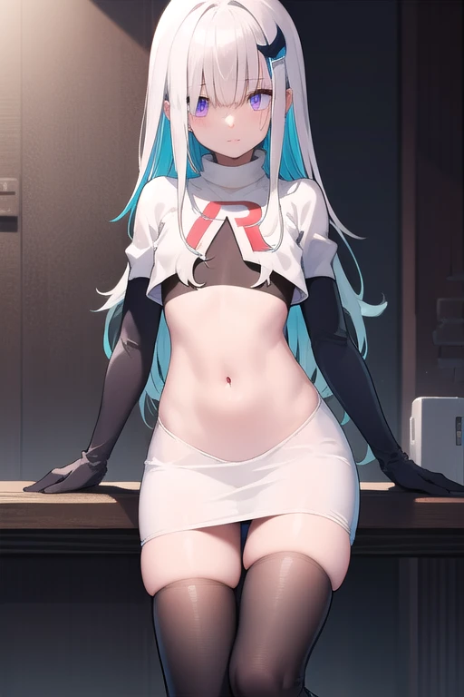 lizehelesta, lize helesta, blue hair, blunt bangs, colored inner hair, hair flaps, hair ornament, long hair, multicolored hair, (purple eyes:1.1), sidelocks, two-tone hair, white hair, (small breast:1.2),
BREAK virtual youtuber, team rocket,team rocket uniform,white skirt,red letter R,crop top,black thigh-highs,black elbow gloves,
BREAK looking at viewer,
BREAK outdoors,
BREAK (masterpiece:1.2), best quality, high resolution, unity 8k wallpaper, (illustration:0.8), (beautiful detailed eyes:1.6), extremely detailed face, perfect lighting, extremely detailed CG, (perfect hands, perfect anatomy),
