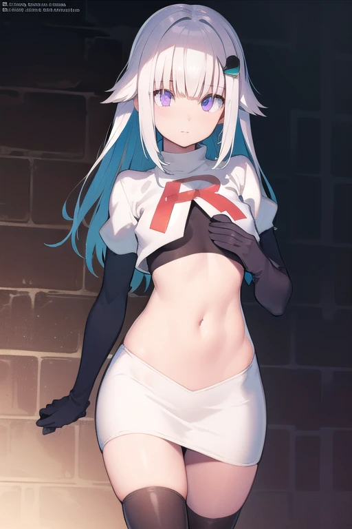 lizehelesta, lize helesta, blue hair, blunt bangs, colored inner hair, hair flaps, hair ornament, long hair, multicolored hair, (purple eyes:1.1), sidelocks, two-tone hair, white hair, (small breast:1.2),
BREAK virtual youtuber, team rocket,team rocket uniform,white skirt,red letter R,crop top,black thigh-highs,black elbow gloves,
BREAK looking at viewer,
BREAK outdoors,
BREAK (masterpiece:1.2), best quality, high resolution, unity 8k wallpaper, (illustration:0.8), (beautiful detailed eyes:1.6), extremely detailed face, perfect lighting, extremely detailed CG, (perfect hands, perfect anatomy),