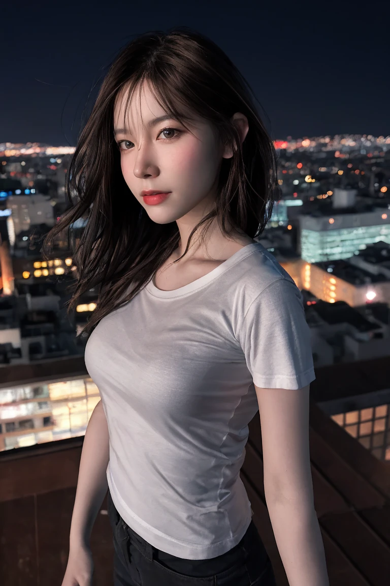 Raw, cinematic shot, (sharp focus:1.5), (photorealistic:1.4), twilight lighting, volumetric lighting, ultra high res, 16K,dramatic lighting, Midnight, Whole body, Long legs, Sharp focus :1.2, A pretty woman with perfect figure :1.4, Slender abs :1.1, (Dark brown hair,Gigantic breasts :1.2), (White tight tshirt, Standing:1.2), (Night city view, Rooftop:1.3), Highly detailed face and skin texture, Detailed eyes, Double eyelid, Light penetrates the hair,