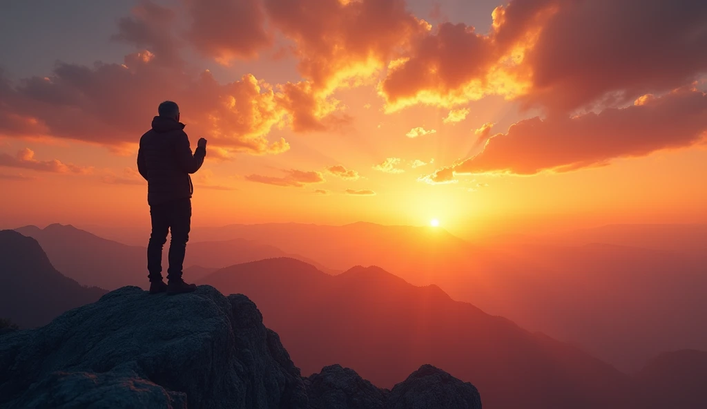 (best quality, masterpiece, ultra detailed), A powerful image of a lone figure standing on a mountaintop, shouting into the vast sky. The figure's voice is depicted as sound waves radiating outward, blending with the colors of the sunset. This image represents the individual's resolve and the impact of their voice on the world.