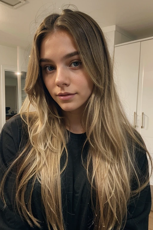 A 20 year old woman with long, slightly wavy blond hair