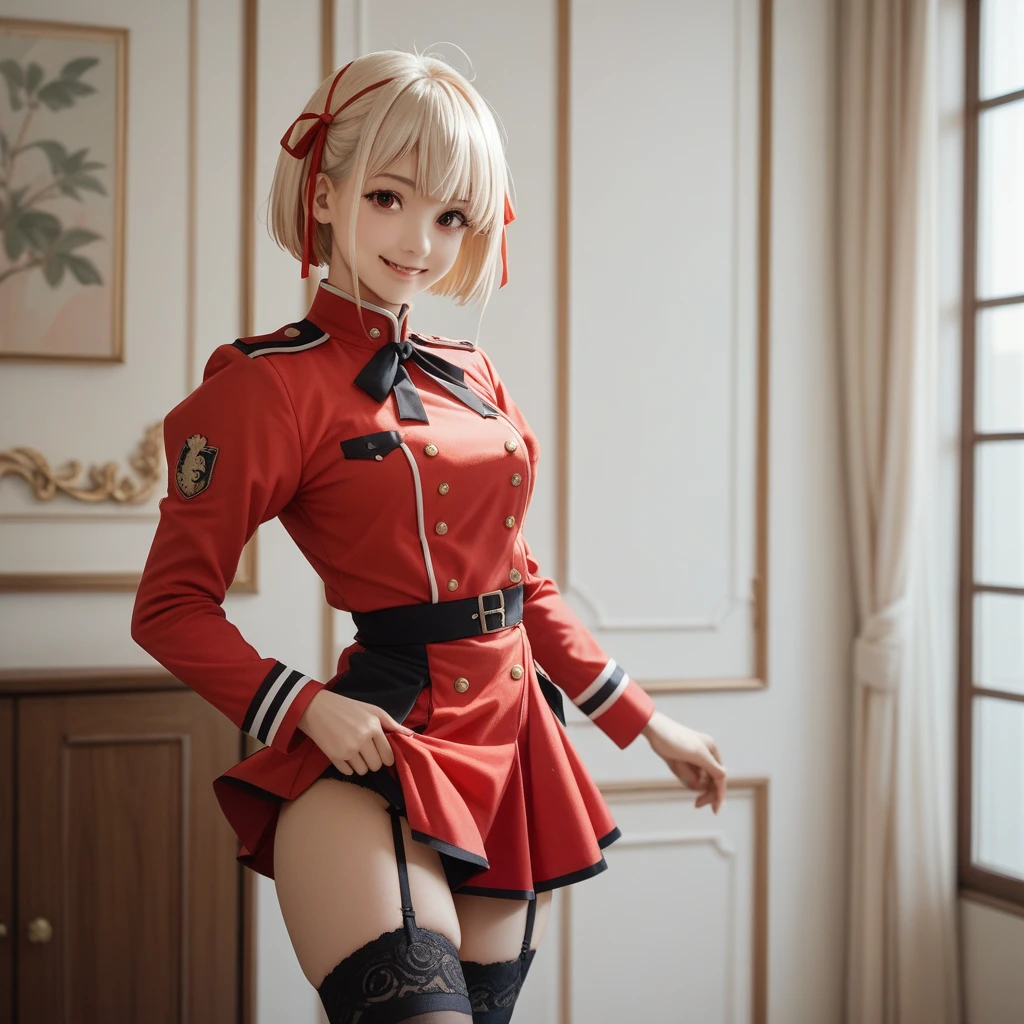 Chisato, 1girl, bangs, indoor, short hair, smile, solo, standing, sexy pose, mediun breast, red uniform, garter straps, stocking, hands behind, red side ribbon, lyrcoris recoil uniform,