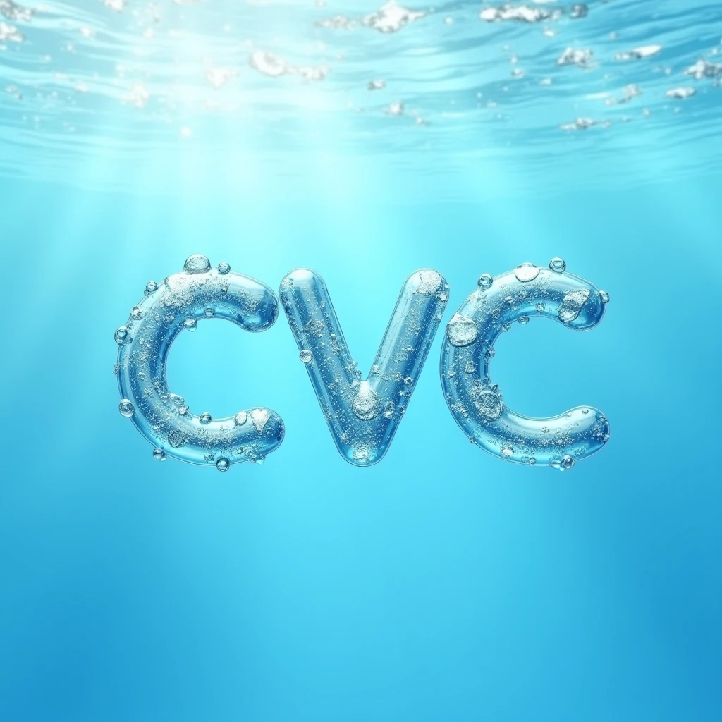  (Logo tối giản) (crystal clear water) (2D style) Logo, text: "CVC" hazy submerged in the transparent sea light blue water. (text này được gói gọn trong một quả bóng chuyền 2D style màu xanh nước) sea with soft font. The background is a clear blue sea with ripples like the sea is being illuminated by sunlight., glitter . Logo. strong.  Strong style, dynamic, energy, matter, cool. strong, bold, full. 