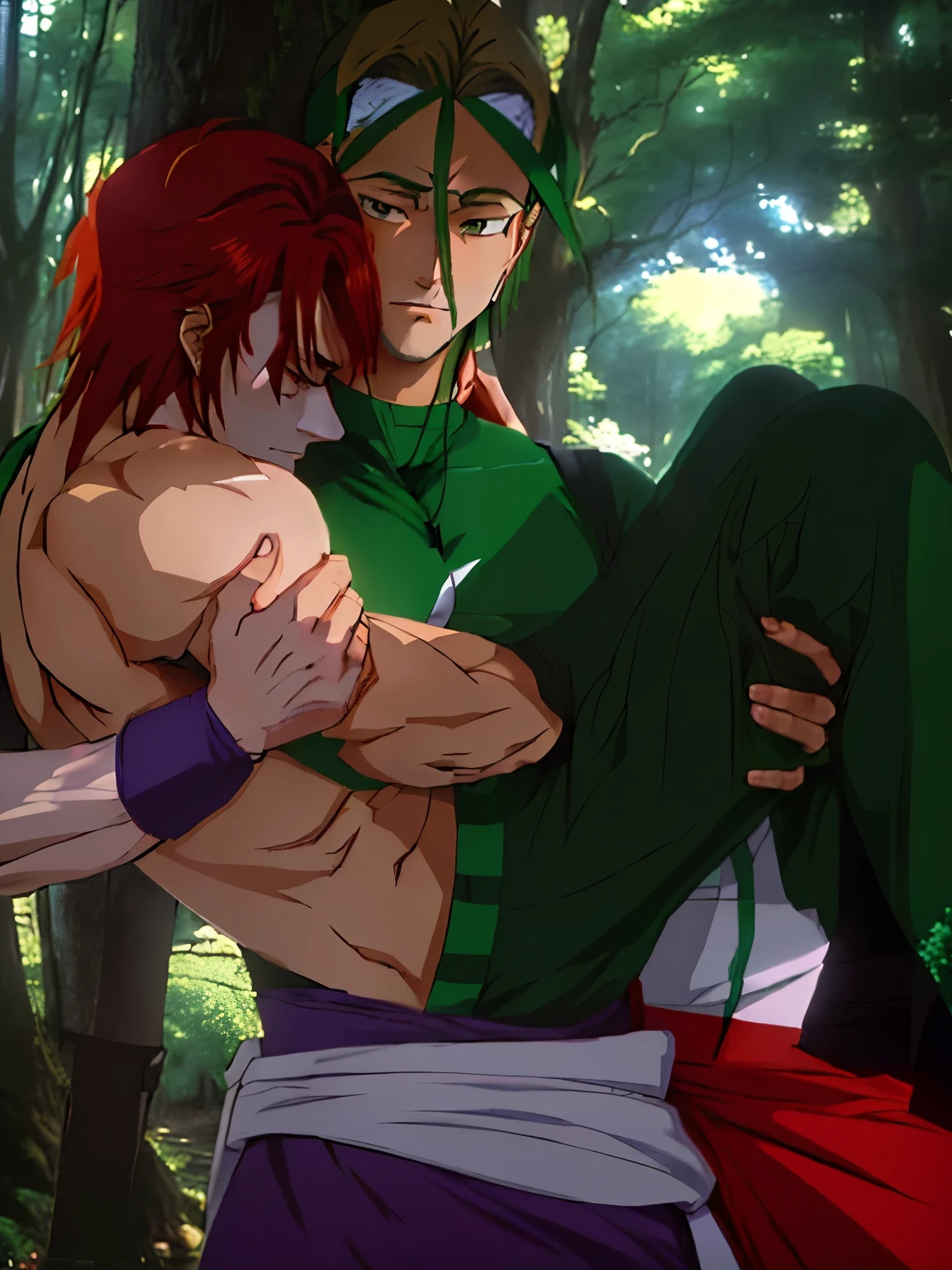 anime characters in a forest hugging each other, boromir in an 80\'s anime world, bara, gainax anime style, anime masterpiece, anime cels, anime lush john 8k woods, inspired by Rei Kamoi, inspired by Sebastian Vrancx, full body close-up shot, rule 34, in the art style of 8 0 s anime