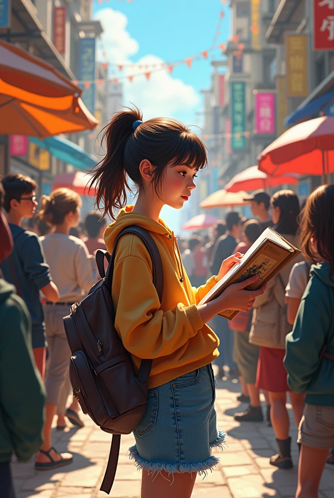 An Artist Girl with Sketchbook in crowd