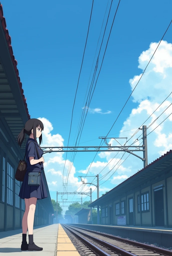 Unmanned stations、Non-electrified、Waiting for the train、beautiful girl、uniform、17 years old、cute、blue sky、Close-up、Black Hair、ponytail、bag、No overhead poles、I can see the railroad tracks