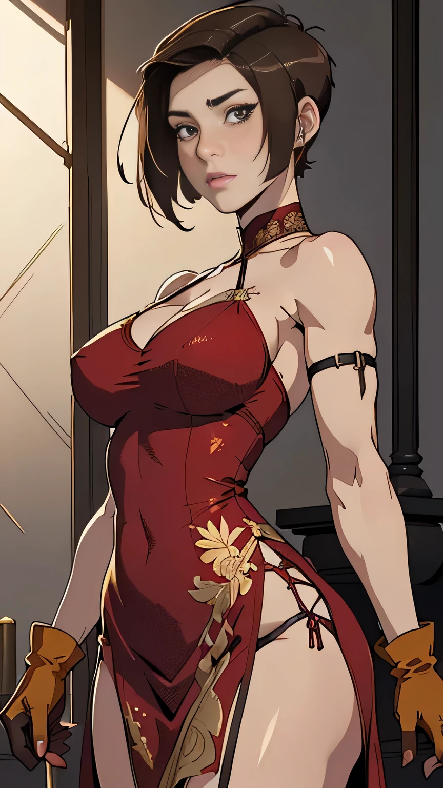photo of mlp Meowko, RAW, beautiful woman, ((portrait)), ((detailed face:1.2)), ((anime face, anime facial feature, beautiful anime mouth, clear skin, clear skin), (short messy lesbian haircut, one shaved side, brunette: 1.55), (perfect proportioned body, Strong, muscular, narrow waist, narrow hips, skinny, large breasts), (parched back), ((criss-crossing straps on dress))), flowers, floral dress, gilded flower, gilded flowers, gilded girl, ((red elbow gloves)), gilded dress, all gold, only gold, filigree, dress pooling around her, (((dark red dress)), (((dress connecting with gloves))), (realistic photo, best quality, detailed), (8k wallpaper), (cinematic lighting, beautiful light, (day:1.3)) (sharp focus, intricate)