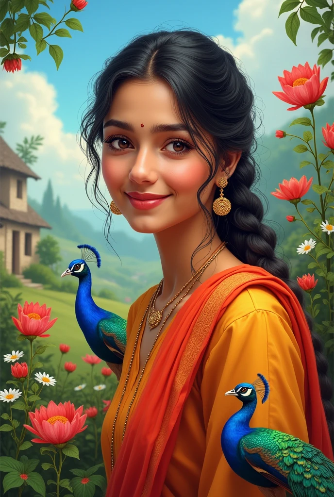 Radha 20 years old in village, create high quality realistic image, Landscape of a village, bight sky, vibrant colors, looking with smile, environment is background is of garden, image should ultra clear, hyper realistic, high quality 4k , peacock and birds